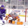 RIT goalie Mike Rotolo makes a save on the tip by Niagara's Hugo Turcotte